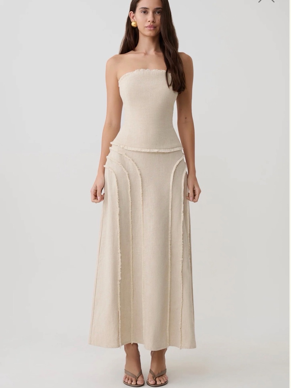 MESHKI Linen Frayed Midi Skirt - Natural